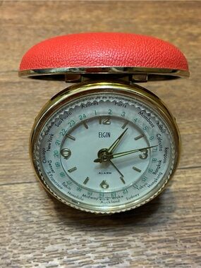 Elgin Vintage Compact Red Folding World Travel Alarm Clock Model #8989